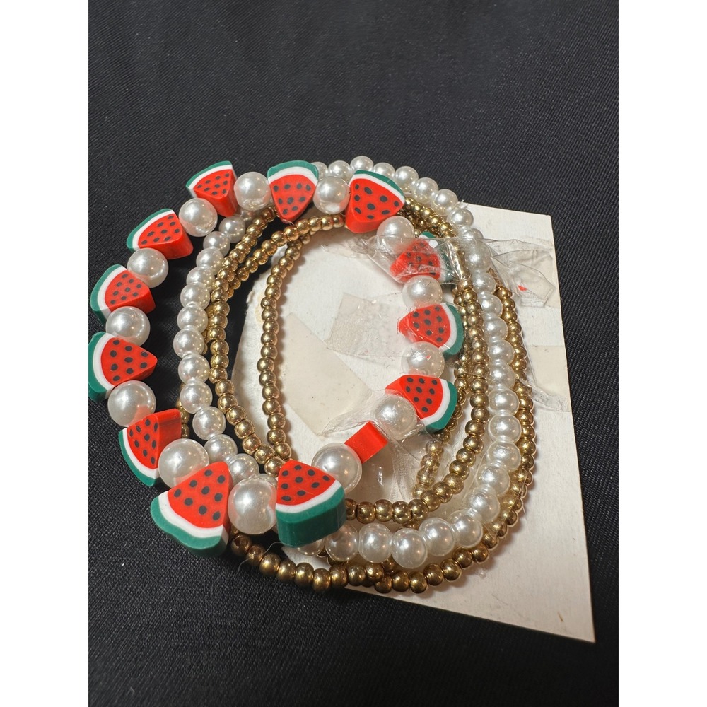 Boho Watermelon Sugar Fruit Clay bead Bracelet stack, Faux Gold & Faux Pearl